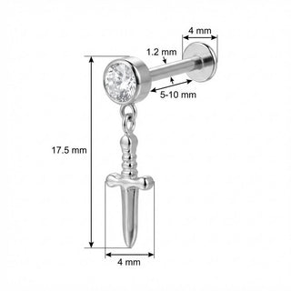 Titanium Labret Dangling Dagger With Clear Crystal