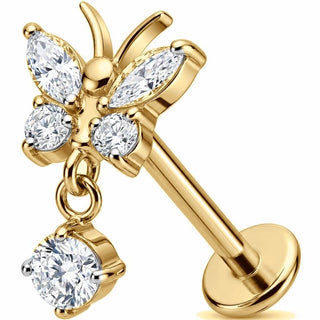 Titanium Labret Butterfly With Dangle Zirconia Internally Threaded