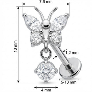 Titanium Labret Butterfly With Dangle Zirconia Internally Threaded