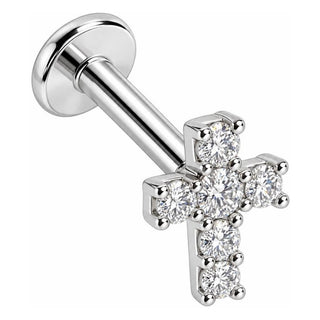 Silver 925 Labret Clear Stone Cross Internally Threaded