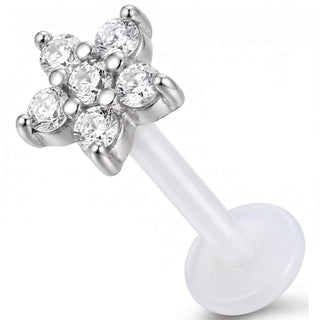 Titanium Labret Clear Stone Flower Internally Threaded