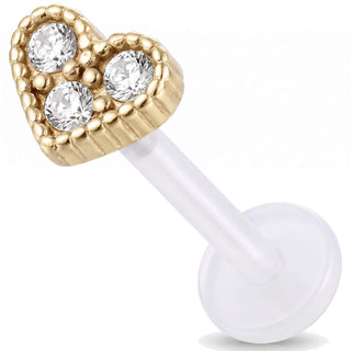 Titanium Labret Heart With Three Stones Internally Threaded