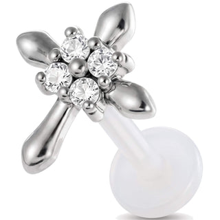 Titanium Labret Cross With Four Stones Internally Threaded