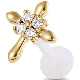 Titanium Labret Cross With Four Stones Internally Threaded