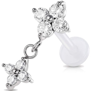 Titanium Labret Double Flower Stone Dangle Internally Threaded