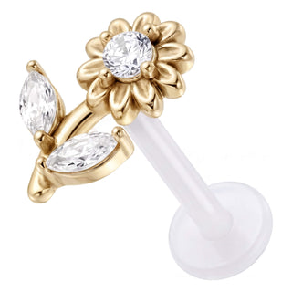 Titanium Labret Flower And Leaves With Stones Internally Threaded