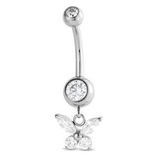 Belly Button Piercing Clear Stone Butterfly Dangle Internally Threaded